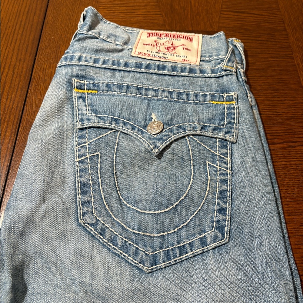 True Religion Light Blue Straight Leg Jeans with Signature Back Pocket